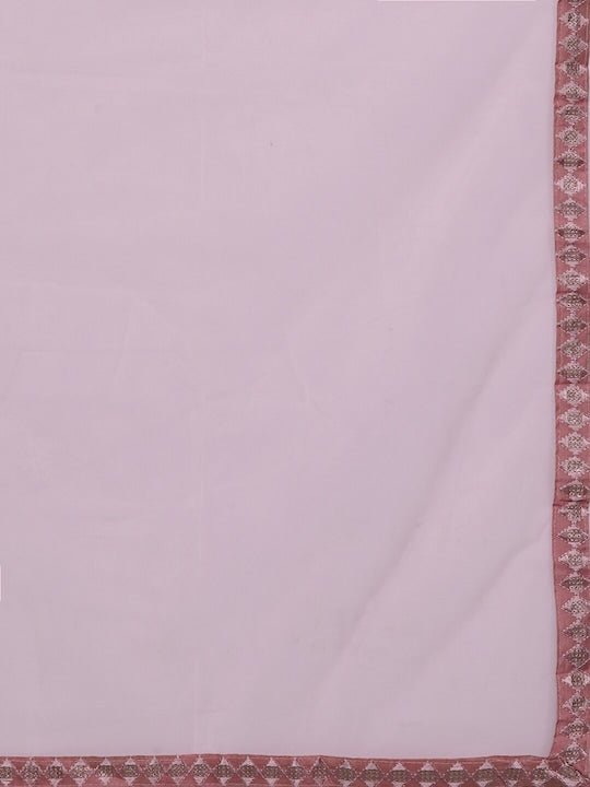 Pink Embroidered Sequined A-Line Chanderi Cotton Kurta with Trousers & Dupatta - Inddus.com