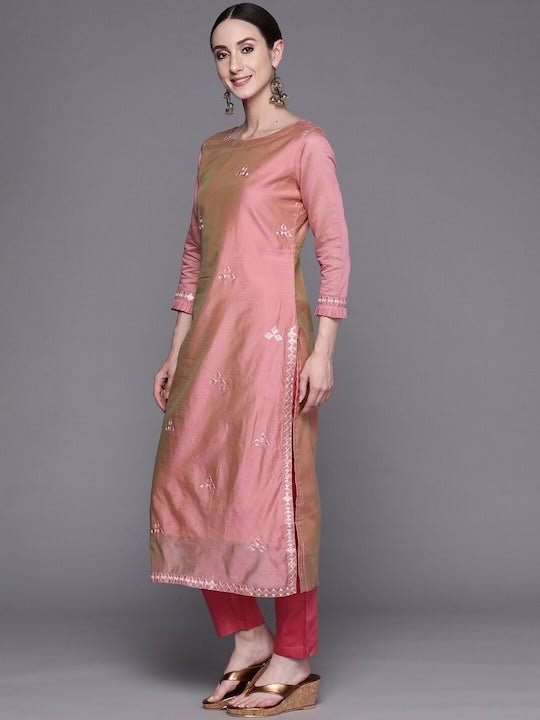 Pink Embroidered Sequined A-Line Chanderi Cotton Kurta with Trousers & Dupatta - Inddus.com