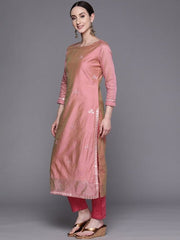 Pink Embroidered Sequined A-Line Chanderi Cotton Kurta with Trousers & Dupatta - Inddus.com