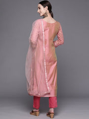 Pink Embroidered Sequined A-Line Chanderi Cotton Kurta with Trousers & Dupatta - Inddus.com