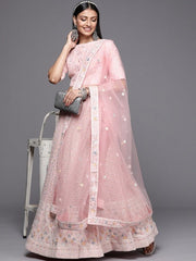 Pink Embroidered Sequinned Semi-Stitched Lehenga & Unstitched Blouse With Dupatta Net - Inddus.com