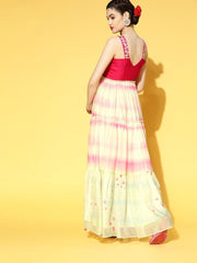 Pink Embroidered Tie and Dye Teirred Dress - Inddus.com