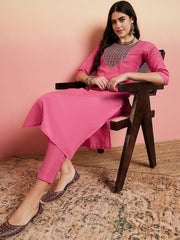Pink Ethnic Motifs Embroidered Regular Kurta with Trousers - Inddus.com