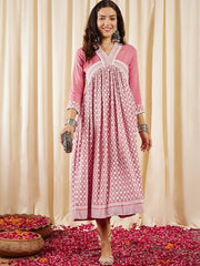 Pink Ethnic Motifs Embroidered V-Neck Chikankari Detailed Empire Midi Ethnic Dress - Inddus.com