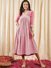 Pink Ethnic Motifs Embroidered V-Neck Chikankari Detailed Empire Midi Ethnic Dress - Inddus.com