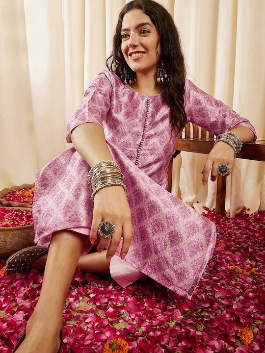 Pink Ethnic Motifs Printed Kurta with Trousers - Inddus.com