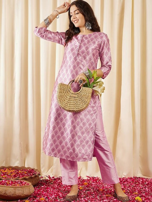 Pink Ethnic Motifs Printed Kurta with Trousers - Inddus.com