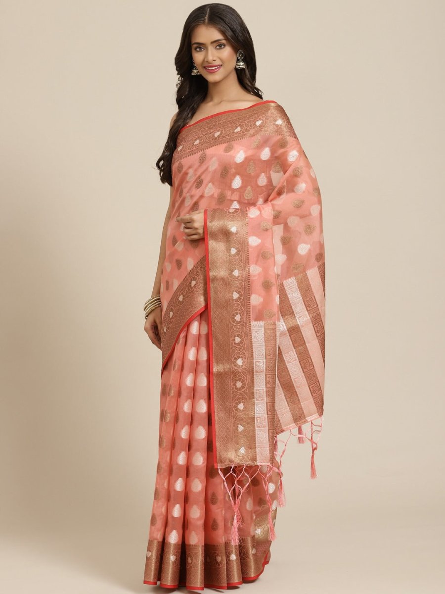 Pink Ethnic Motifs Zari Woven Organza Banarasi Saree - Inddus.com