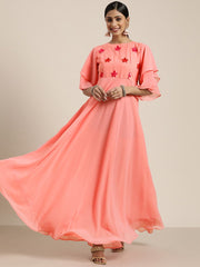 Pink Fit and Flared Embroidered Yoked Gown - Inddus.com