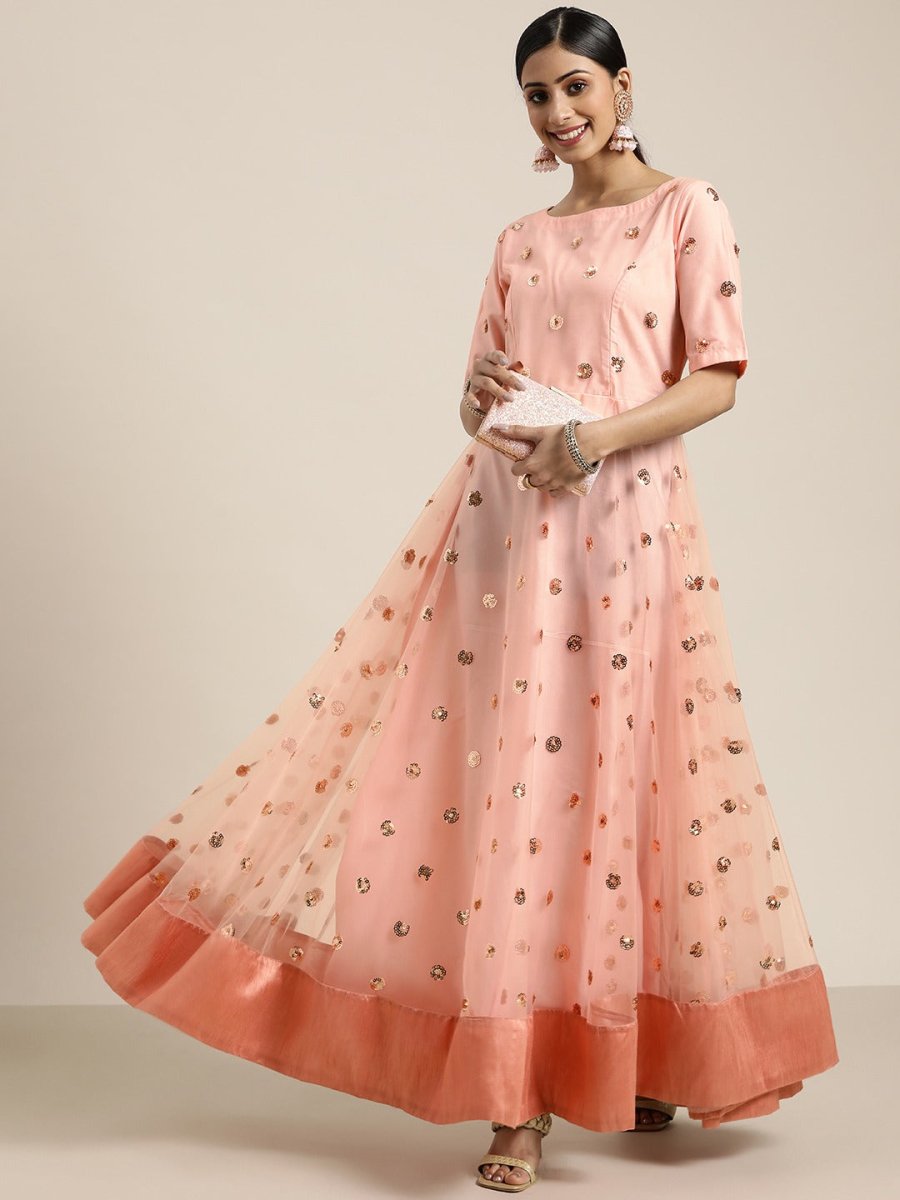 Pink Fit and Flared Sequined Embroidered Gown - Inddus.com