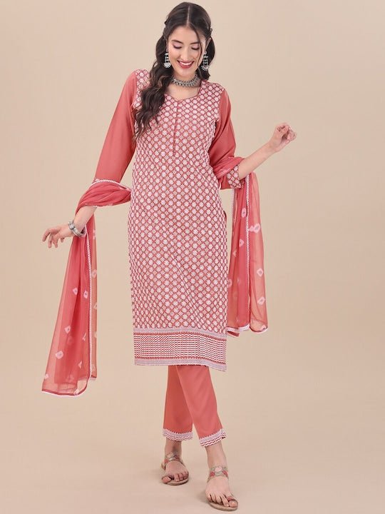 Pink Floral Embroidered Chikankari Pure Cotton Kurta & Trousers With Dupatta - Inddus.com