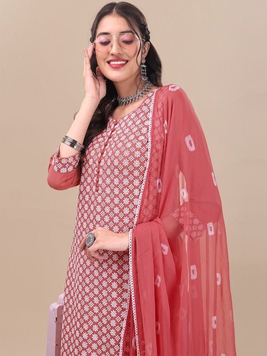 Pink Floral Embroidered Chikankari Pure Cotton Kurta & Trousers With Dupatta - Inddus.com