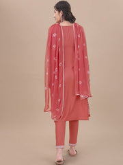Pink Floral Embroidered Chikankari Pure Cotton Kurta & Trousers With Dupatta - Inddus.com