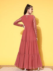 Pink Floral Embroidered Georgette Maxi Dress - Inddus.com