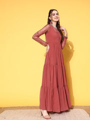 Pink Floral Embroidered Georgette Maxi Dress - Inddus.com