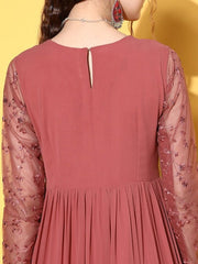 Pink Floral Embroidered Georgette Maxi Dress - Inddus.com