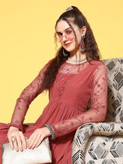 Pink Floral Embroidered Georgette Maxi Dress - Inddus.com