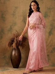 Pink Floral Embroidered Sequinned Net Saree - Inddus.com