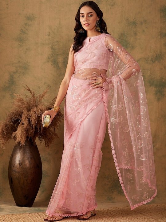 Pink Floral Embroidered Sequinned Net Saree