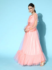 Pink Floral Net Embroidered Party Gown - Inddus.com