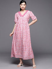 Pink Floral Print Pleated Maxi Dress - Inddus.com