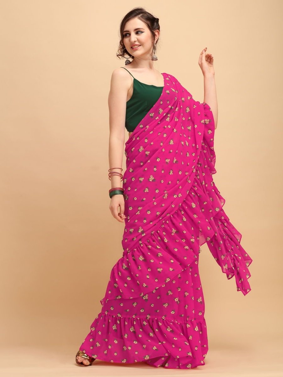Pink Floral Print Ruffled Saree - inddus-us