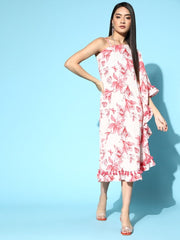 Pink Floral Printed Asymmetric Gown - Inddus.com