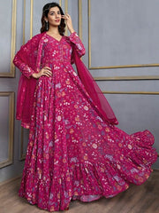 Pink Floral Printed V-Neck Sequinned Anarkali Kurta With Dupatta - Inddus.com