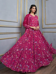 Pink Floral Printed V-Neck Sequinned Anarkali Kurta With Dupatta - Inddus.com