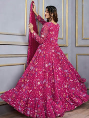 Pink Floral Printed V-Neck Sequinned Anarkali Kurta With Dupatta - Inddus.com