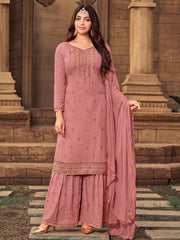 Pink Georgette Embroidered Festive Palazzo Suit - Inddus.com