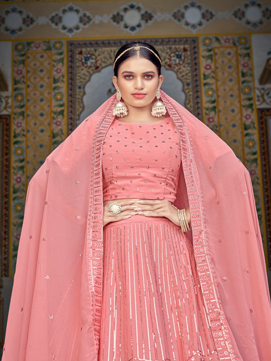 Pink Georgette Embroidered Lehenga Choli - Inddus.com