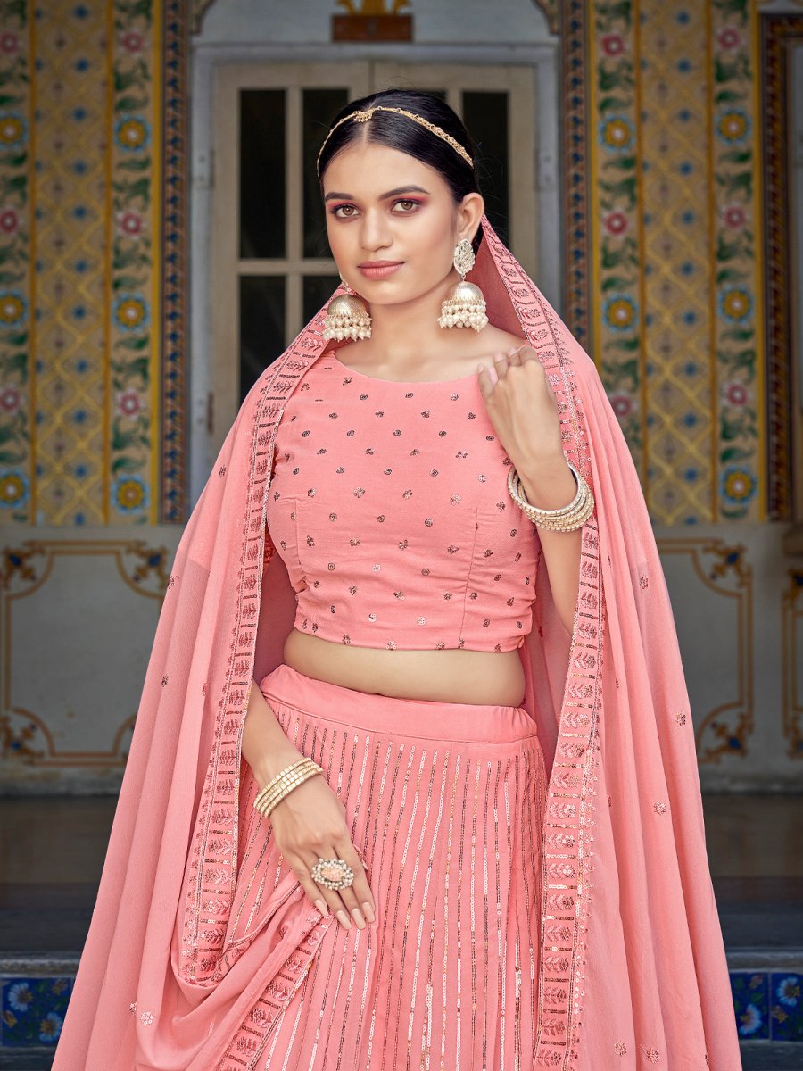 Pink Georgette Embroidered Lehenga Choli - Inddus.com