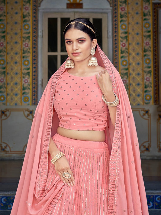 Pink Georgette Embroidered Lehenga Choli - Inddus.com