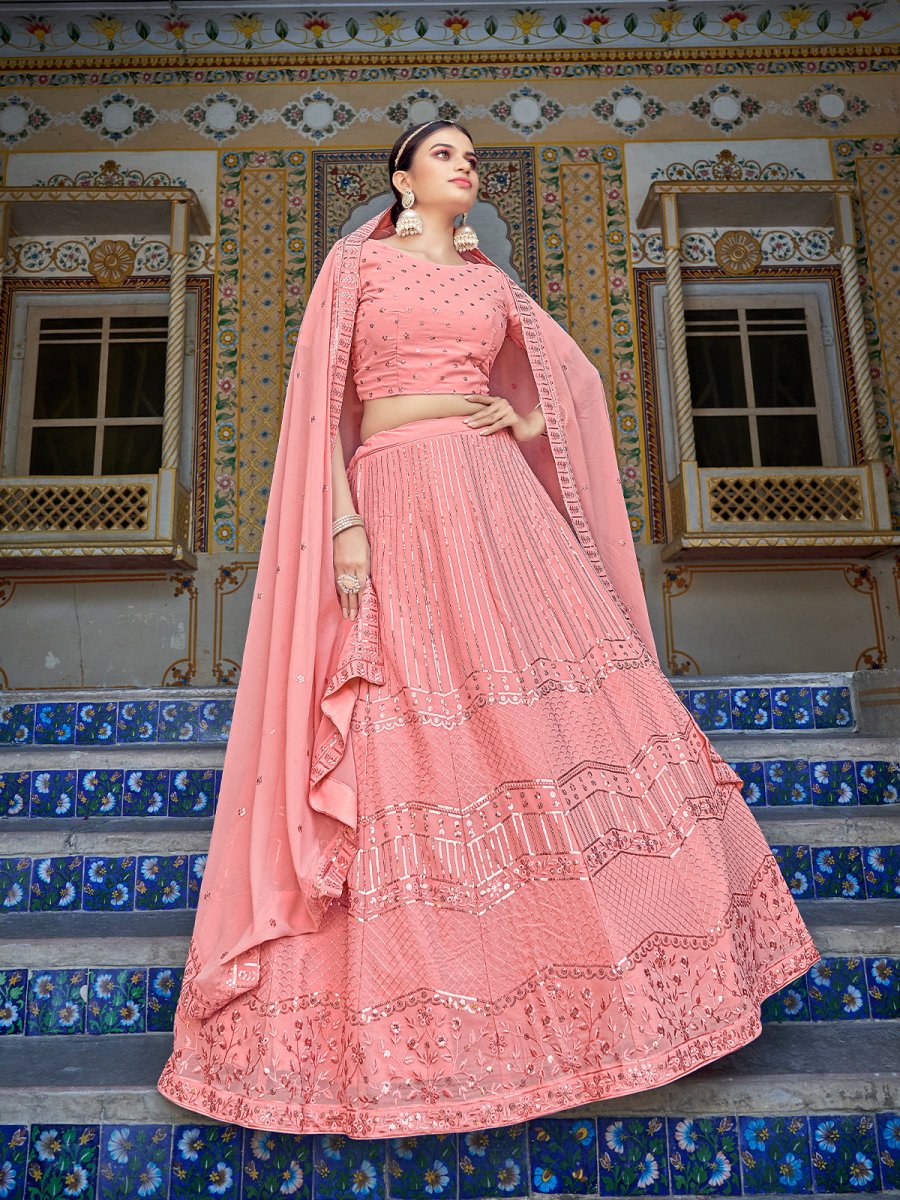 Pink Georgette Embroidered Lehenga Choli - Inddus.com