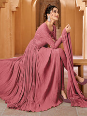 Pink Georgette Partywear High-Slit-Style-Suit with Pant - Inddus.com