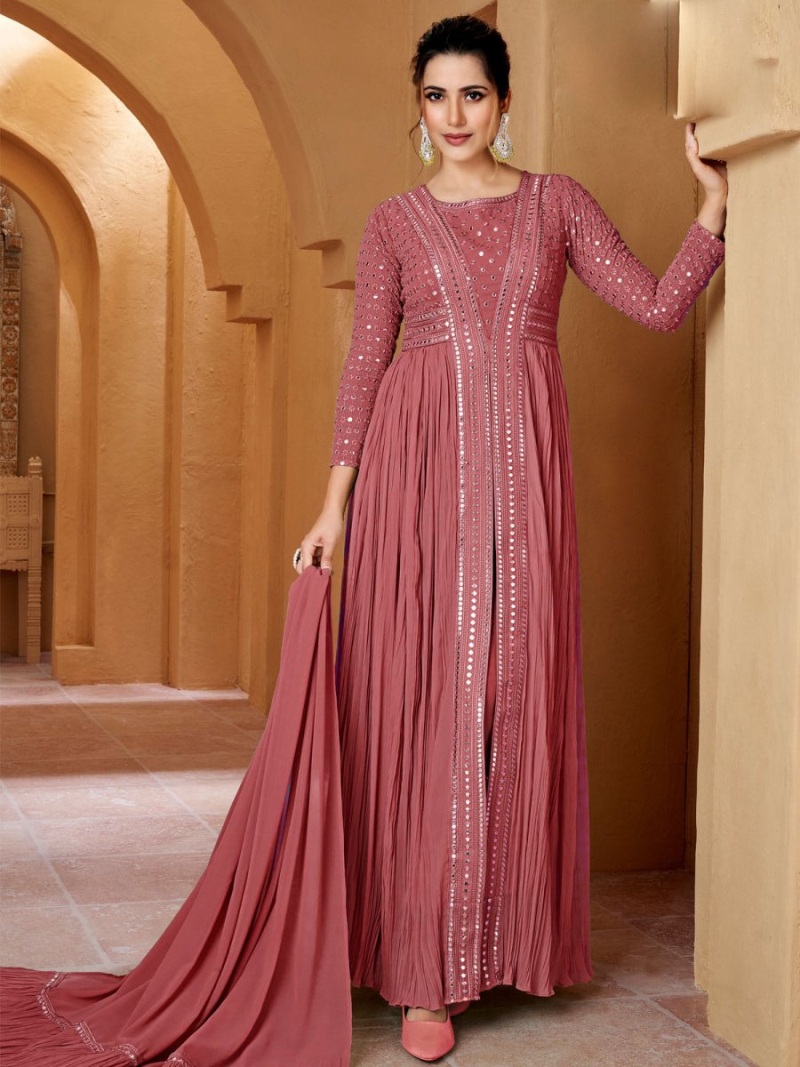 Pink Georgette Partywear High-Slit-Style-Suit with Pant - Inddus.com