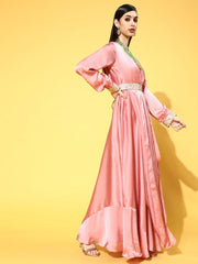 Pink Georgette Partywear Solid Dresses - Inddus.com