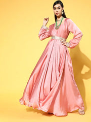 Pink Georgette Partywear Solid Dresses - Inddus.com