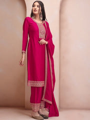 Pink & Gold Toned Embroidered Regular Kurta & Trousers With Dupatta - Inddus.com