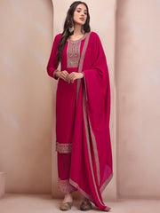 Pink & Gold Toned Embroidered Regular Kurta & Trousers With Dupatta - Inddus.com