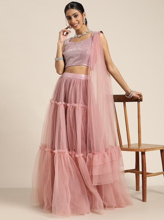 Pink & Gold-Toned Embroidered Sequinned Semi-Stitched Lehenga & Unstitched Blouse With Dupatta - Inddus.com