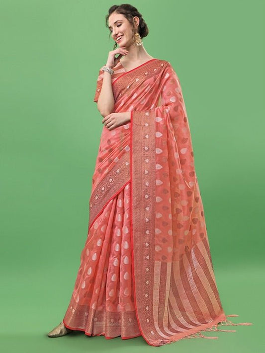 Pink & Gold-Toned Ethnic Motifs Zari Organza Saree - Inddus.com