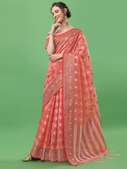 Pink & Gold-Toned Ethnic Motifs Zari Organza Saree - Inddus.com