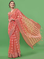 Pink & Gold-Toned Ethnic Motifs Zari Organza Saree - Inddus.com