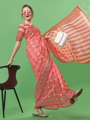 Pink & Gold-Toned Ethnic Motifs Zari Organza Saree - Inddus.com