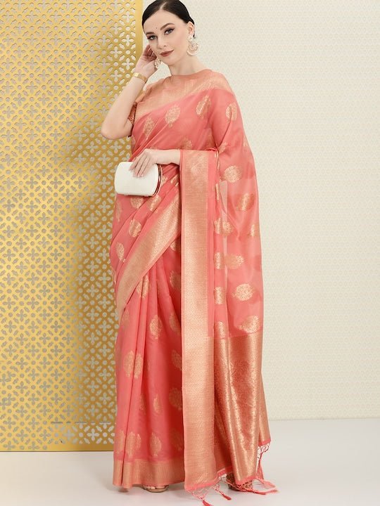 Pink & Gold-Toned Ethnic Motifs Zari Saree - Inddus.com