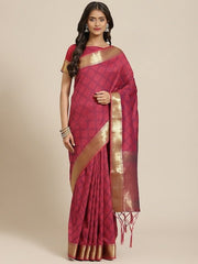 Pink & Gold-Toned Ethnic Motifs Zari Silk Blend Banarasi Saree - Inddus.com