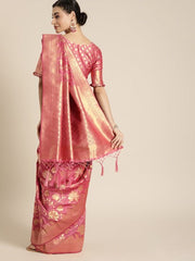 Pink & Gold-Toned Silk Blend Woven Design Banarasi Saree - Inddus.com
