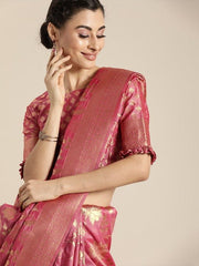 Pink & Gold-Toned Silk Blend Woven Design Banarasi Saree - Inddus.com